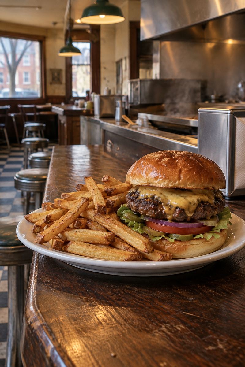 Half-pound hamburger with fries on a bar plate