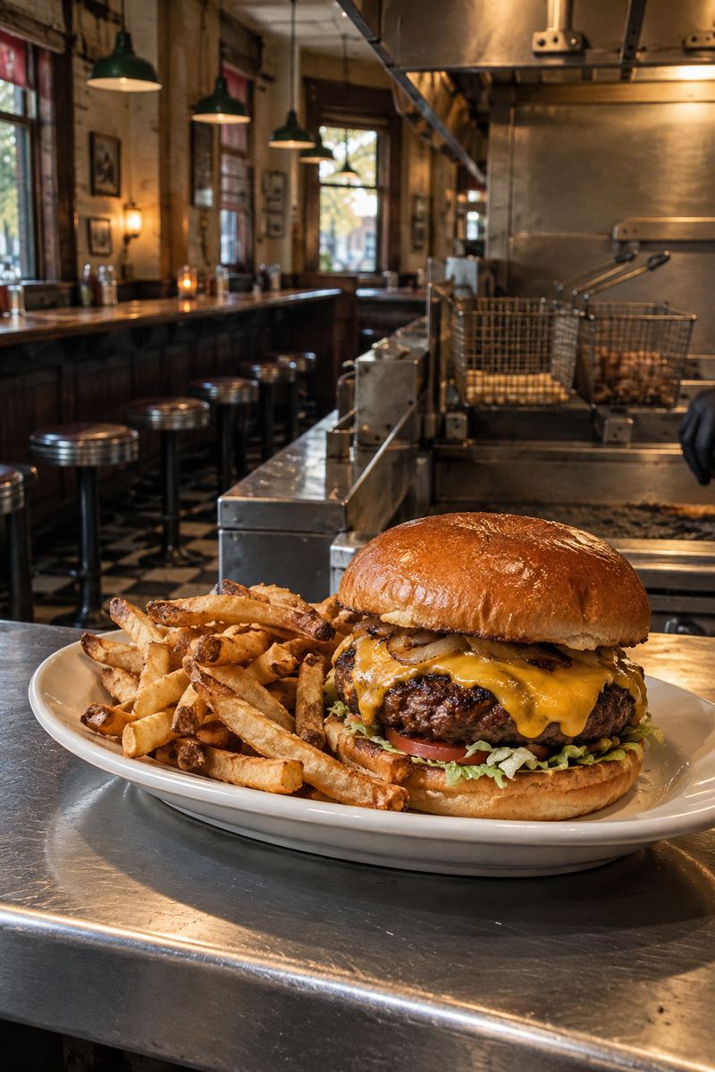 Half-pound cheeseburger with fries and melted cheese